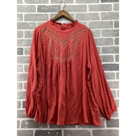 torrid Tops - Torrid Women 2 Coral Terracotta Embroidered Ruffle Neck Long Sleeve Blouse NWT
